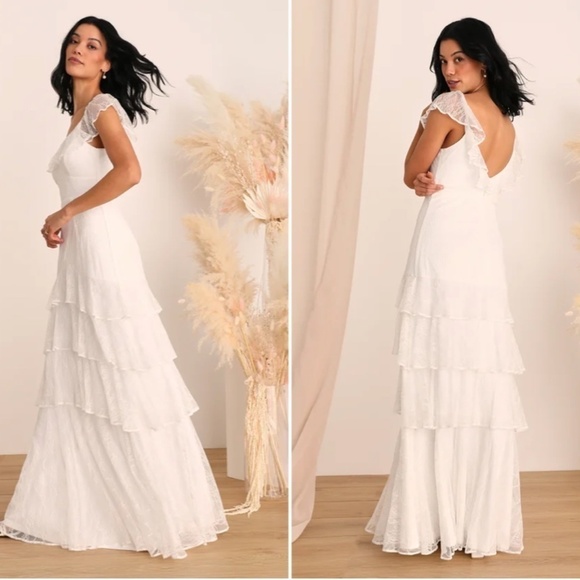 LULU's Sexy Bridal Wedding Floral Lace Romantic Boho Flowy Tiered Ruffles Gown - Picture 1 of 4